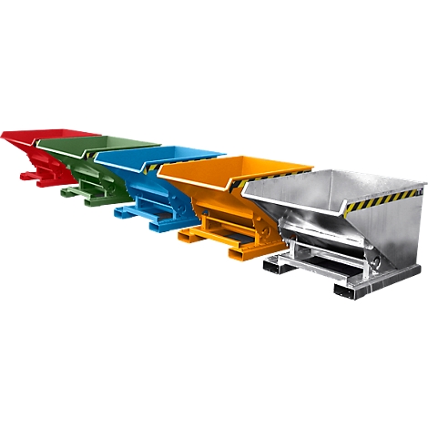 Cinq conteneurs métalliques rectangulaires de couleurs différentes alignés. Chaque conteneur a un bord incliné et une base rectangulaire.