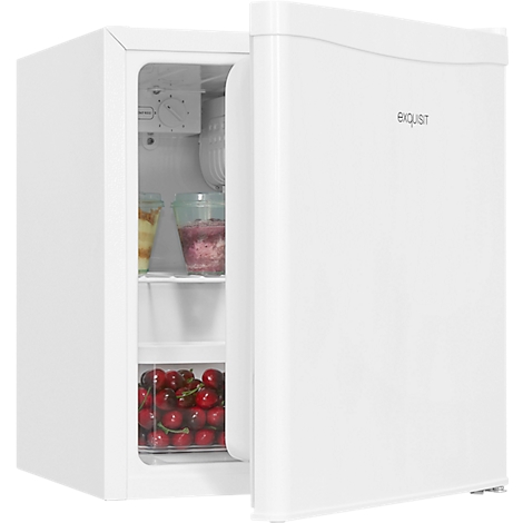 White mini-fridge with the door open, filled with cherries and other food items.