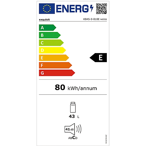 Energy label of an Exquisit refrigerator. Energy efficiency class E, 80 kWh/annum, 43L capacity, 41 dB.