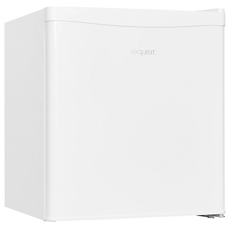 White mini fridge with the text "exquisit".
