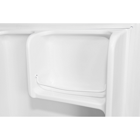 White soap shelf with integrated storage in a shower cubicle.