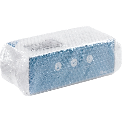Lichtblauw apparaat in bubbeltjesplastic. Drie witte knoppen. Inscriptie.
