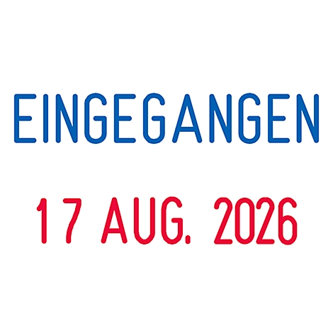 Text field with blue lettering 'EINGEGANGEN' and red date '17. AUG. 2026'.