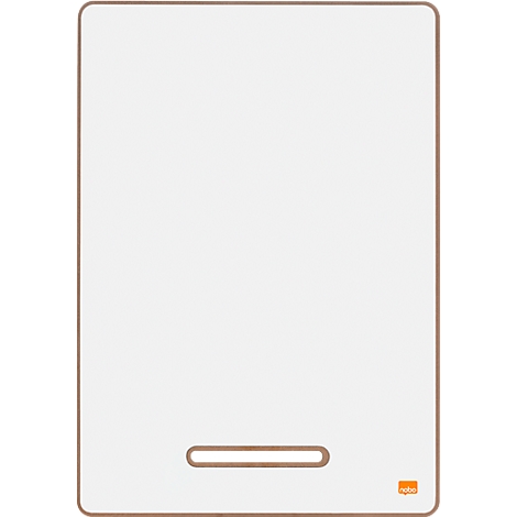 Un produit rectangulaire blanc avec des coins arrondis et un cadre marron. En bas, un rectangle marron horizontal.