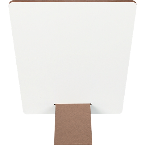 Tableau blanc carré, avec cadre et support marron.
