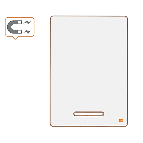 Tableau blanc rectangulaire avec des coins arrondis et un cadre marron. Un symbole d'aimant dans une bulle en haut à gauche.
