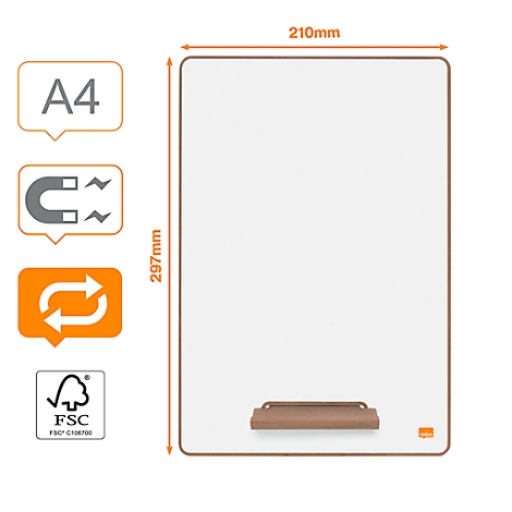 Tableau magnétique blanc de format A4 avec une étagère marron, dimensions indiquées.