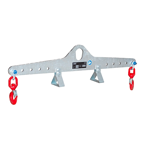 Metalen hijsapparaat, met haken en oogje voor bevestiging. Grijze kleur.