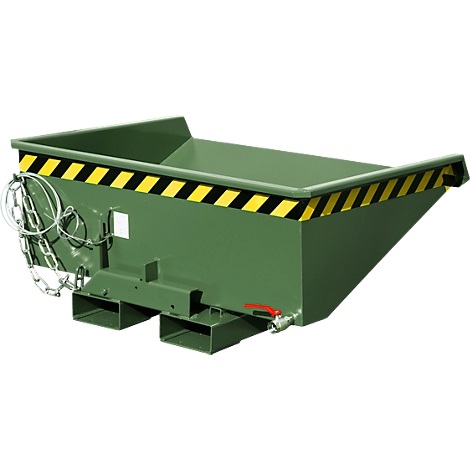 Contenedor basculante verde con franja de advertencia negra y amarilla. Cadena con gancho en el lateral.