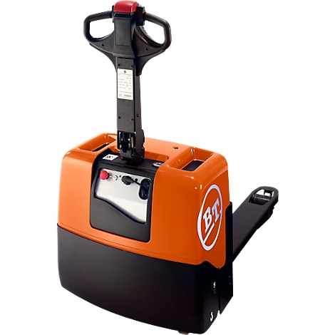 Electric forklift, orange and black, with controls and BT logo.