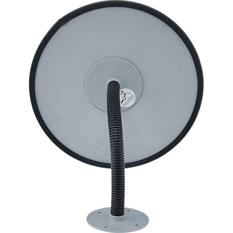 Vue arrière d'un miroir rond avec un bras flexible noir sur un socle gris.