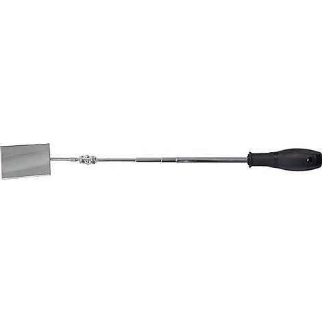 Une raclette en métal avec une poignée noire est posée horizontalement.
