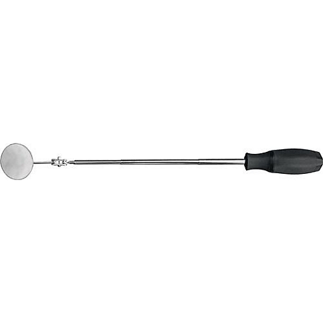 Miroir grossissant avec manche noir. Miroir rond, col et manche argenté.