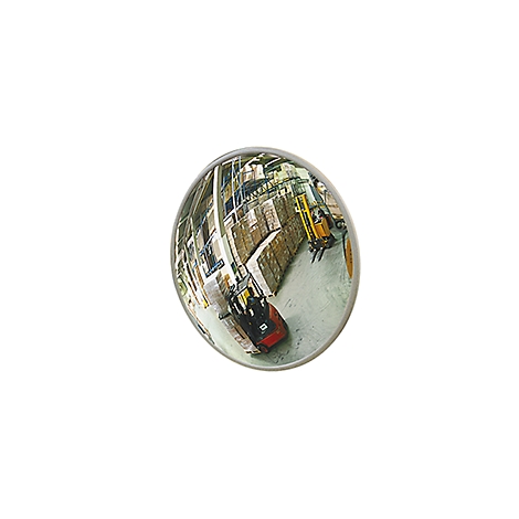 Miroir sphérique montrant un entrepôt avec des chariots élévateurs et des marchandises. Surface réfléchissante.