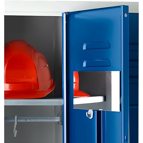 A red safety helmet rests inside a blue locker, which is half-open.