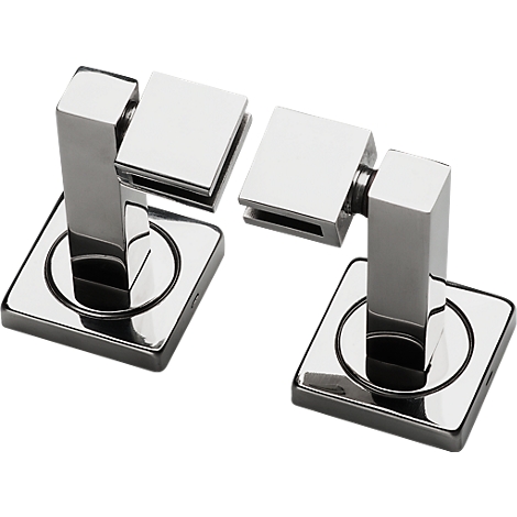 Two chrome-plated glass fittings, square in shape, on square bases. They are angled at 90 degrees.