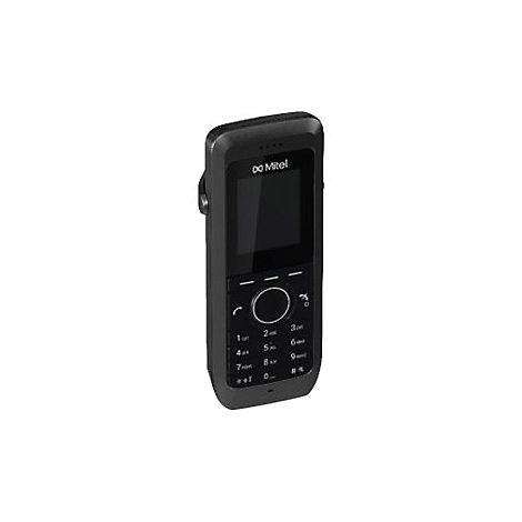 Schwarzes schnurloses DECT-Telefon von Mitel mit Display und Zifferntasten vor weißem Hintergrund.