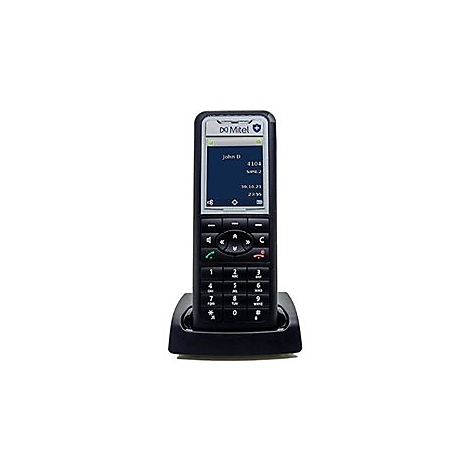 Schwarzes Mitel-Schnurlostelefon in der Ladeschale mit beleuchtetem Display.