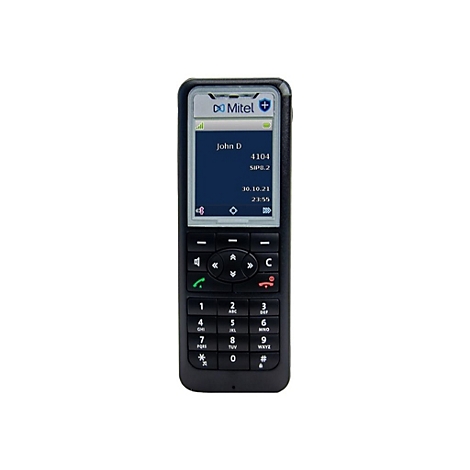 Ein schwarzes Mobiltelefon mit Tasten und einem Bildschirm, der ein eingehendes GesprÃ¤ch anzeigt. Das Display zeigt 'John D' und weitere Informationen.