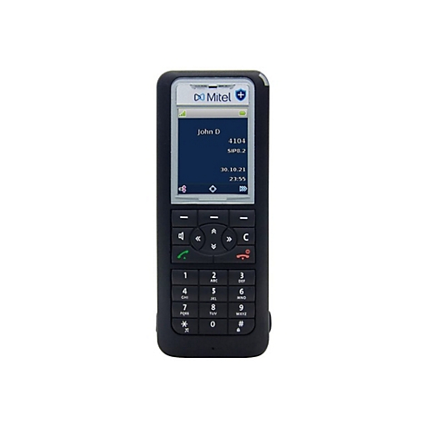 Schwarzes Mitel DECT-Telefon mit beleuchtetem Display, Tastatur und Statusanzeigen vor weißem Hintergrund.