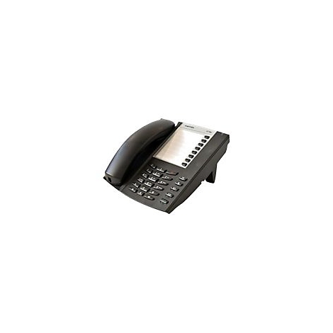 Schwarzes Bürotelefon mit Tastenfeld und Hörer auf weißem Hintergrund.