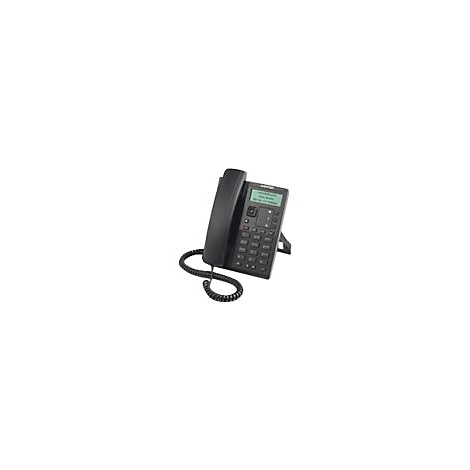 Schwarzes kabelgebundenes Festnetztelefon mit Display und Ziffernblock vor weißem Hintergrund.