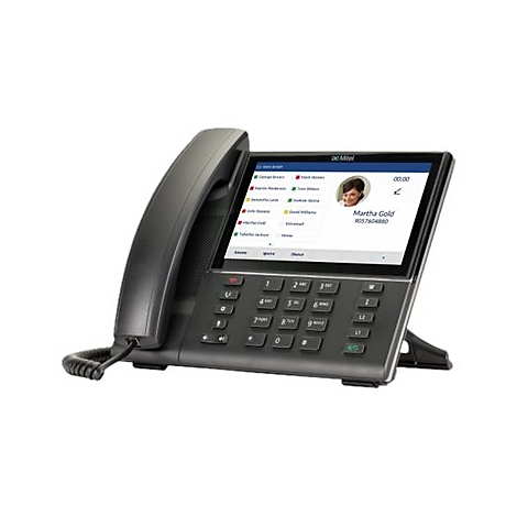 Schwarzes Mitel-IP-Telefon mit großem Touch-Display, das einen eingehenden Anruf von Martha Gold anzeigt.
