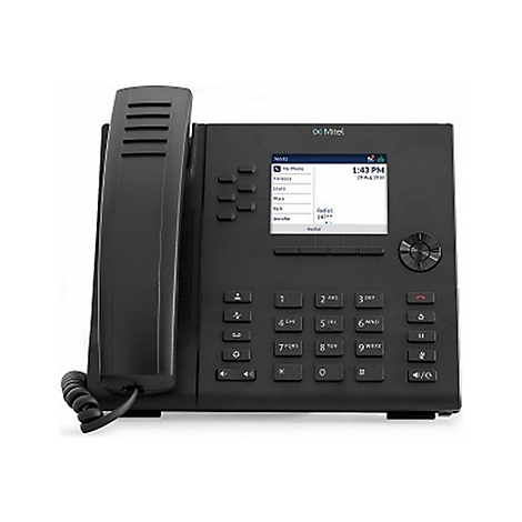 Schwarzes Mitel-IP-Telefon mit Display, Ziffernblock und Hörer vor weißem Hintergrund.