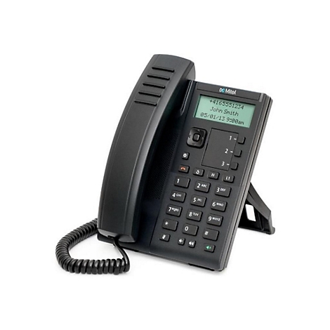 Schwarzes Mitel-IP-Telefon mit Hörer, Display und Tastenfeld vor weißem Hintergrund.