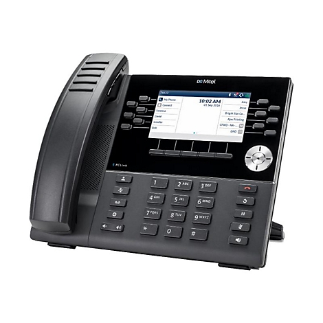 Schwarzes Mitel-IP-Telefon mit Display, Tastenfeld und Hörer auf weißem Hintergrund.