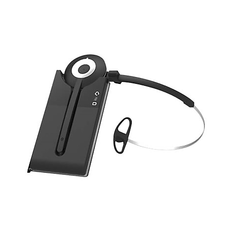 Schwarzes Headset mit rechteckigem Gehäuse und Ohrenbügel vor weißem Hintergrund.