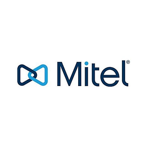 Mitel Logo, blaues Symbol aus zwei ineinander verschlungenen Dreiecken neben dem Wort Mitel.