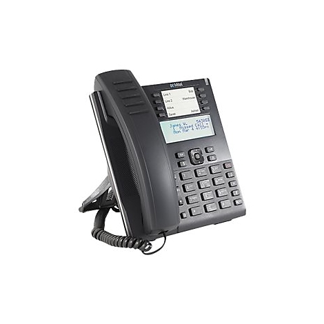 Schwarzes Mitel-IP-Telefon mit Display, Hörern und Tastenfeld vor weißem Hintergrund.