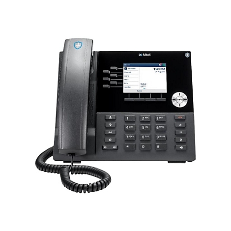 Schwarzes Mitel-IP-Telefon mit Display, Ziffernblock und Hörer vor weißem Hintergrund.