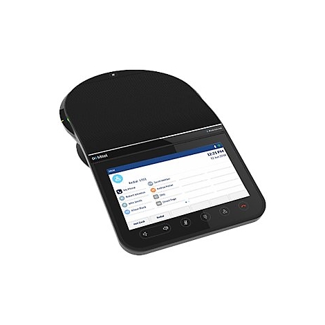 Schwarzes Konferenztelefon von Mitel mit Touchscreen und Lautsprechergitter vor weißem Hintergrund.