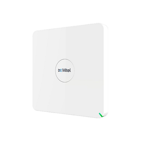 Quadratischer, weißer Mitel Access Point mit mittigem Logo und grüner Statusleuchte.