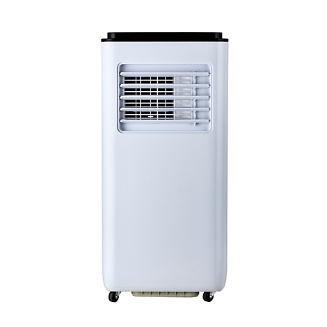 Witte, mobiele airconditioning. Lamellenroosters, wielen onderaan.