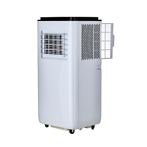 Witte mobiele airconditioner met ventilatieopeningen en een uitneembaar filter. Staat op wielen.