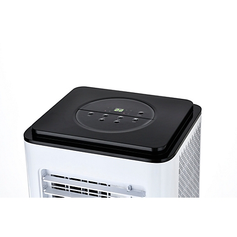 Close-up van een wit, zwart airconditioner met display.