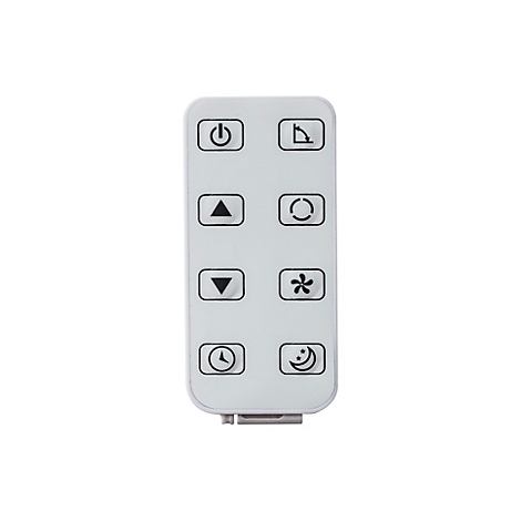 Witte afstandsbediening met symbolen zoals aan/uit, pijlen, klok en maan. Op een witte achtergrond.