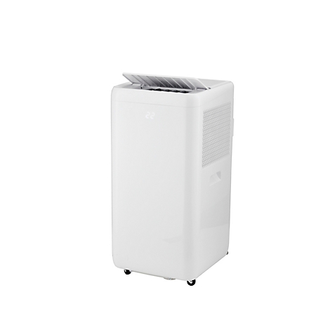 Witte airconditioner met open klep, wielen en ventilatiesleuven aan de zijkant.