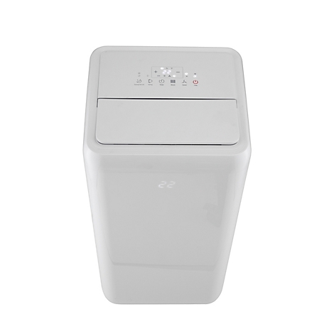 Lichtgrijze airconditioner met bedieningspaneel aan de bovenkant en temperatuurweergave aan de onderkant. Het is gefotografeerd vanuit een vogelperspectief.