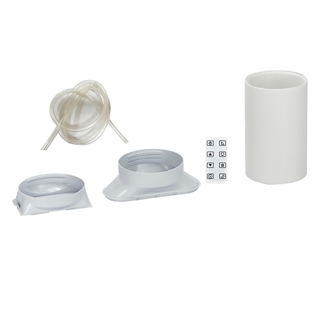 Meerdere witte productcomponenten liggen op een witte achtergrond. Deze omvatten buizen, een cilinder, twee conische delen en een bedieningspaneel met symbolen.