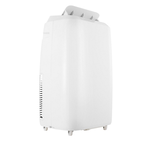 Witte mobiele airconditioningkoeler met wielen en ventilatiesleuven.