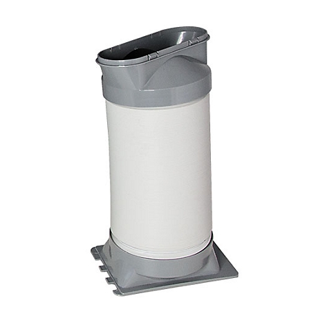 Grijs-wit cilindrisch object met een ovale opening, staande op een grijze plaat.