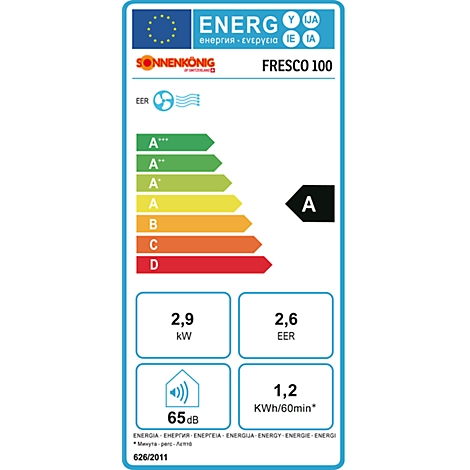 Energielabel voor een apparaat met de volgende gegevens: Energie-efficiëntie A, 2,9 kW, 2,6 EER, 65 dB en 1,2 kWh/60min.