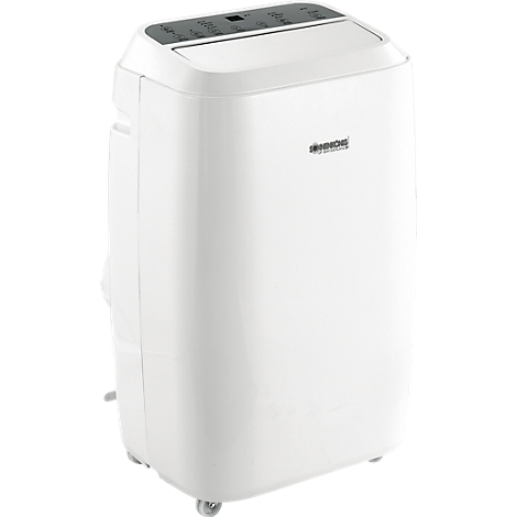 Witte airconditioner met bedieningspaneel bovenop. Op wielen, logo op de voorkant.