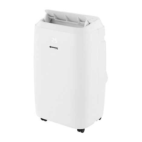 Witte mobiele airconditioner met open klep, wielen en digitale display.
