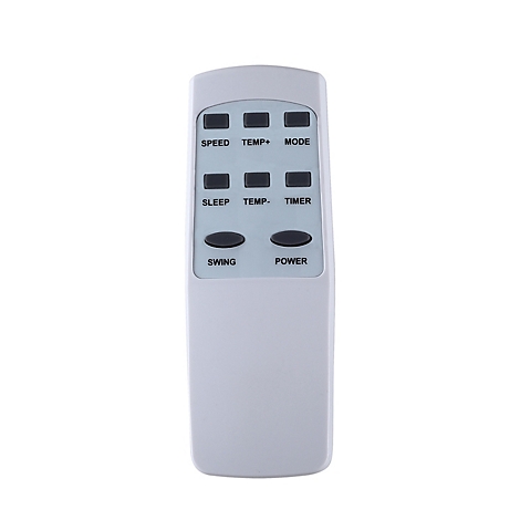 Grijze afstandsbediening met knoppen: Speed, Temp+, Mode, Sleep, Temp-, Timer, Swing, Power.