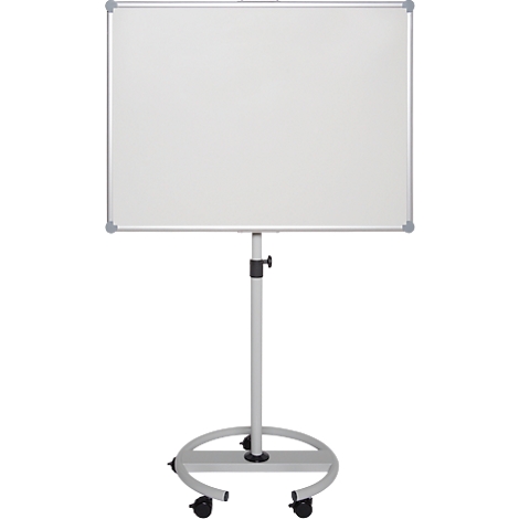 Wit, mobiel whiteboard gemonteerd op een rolstandaard. Het frame is zilver.